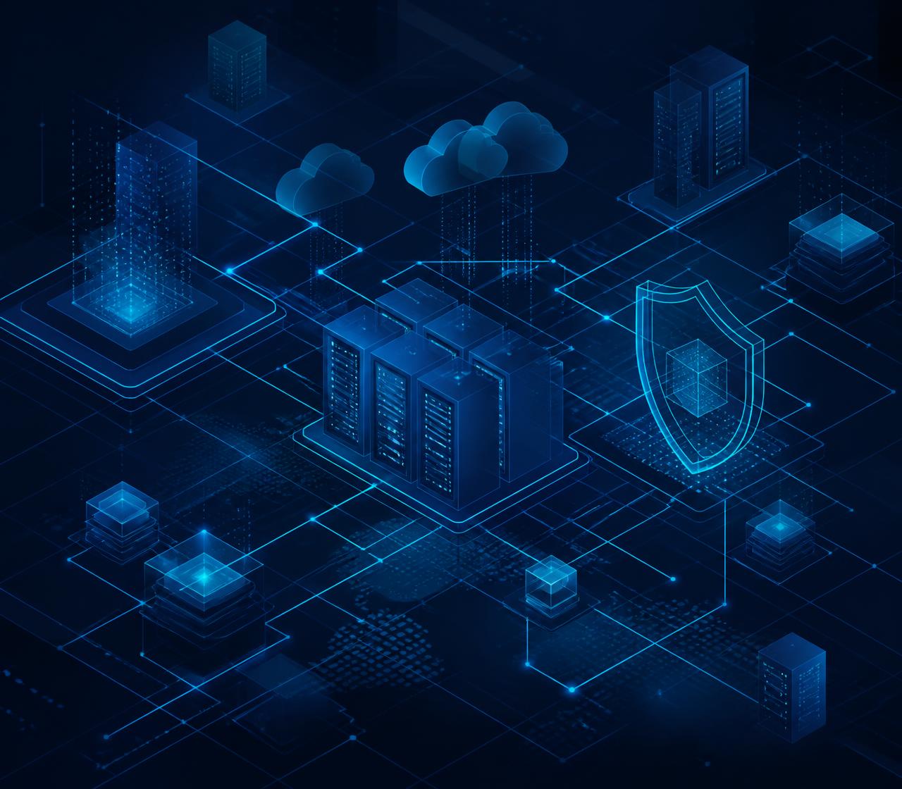 Isometric illustration of managed business technology: servers, cloud platforms, network links and a security shield